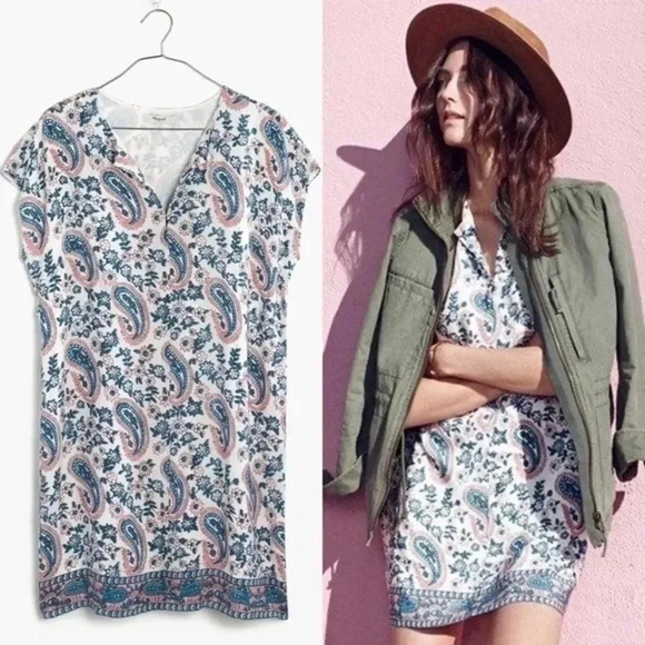Madewell 100% Silk Floral Paisley Print Popover Dress Pink Blue Size XS - Picture 1 of 9